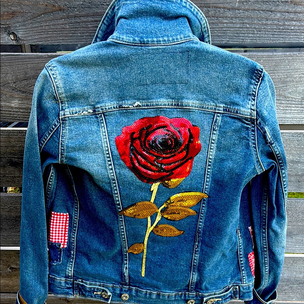 Denim Jacket with Red Rose Embroidery